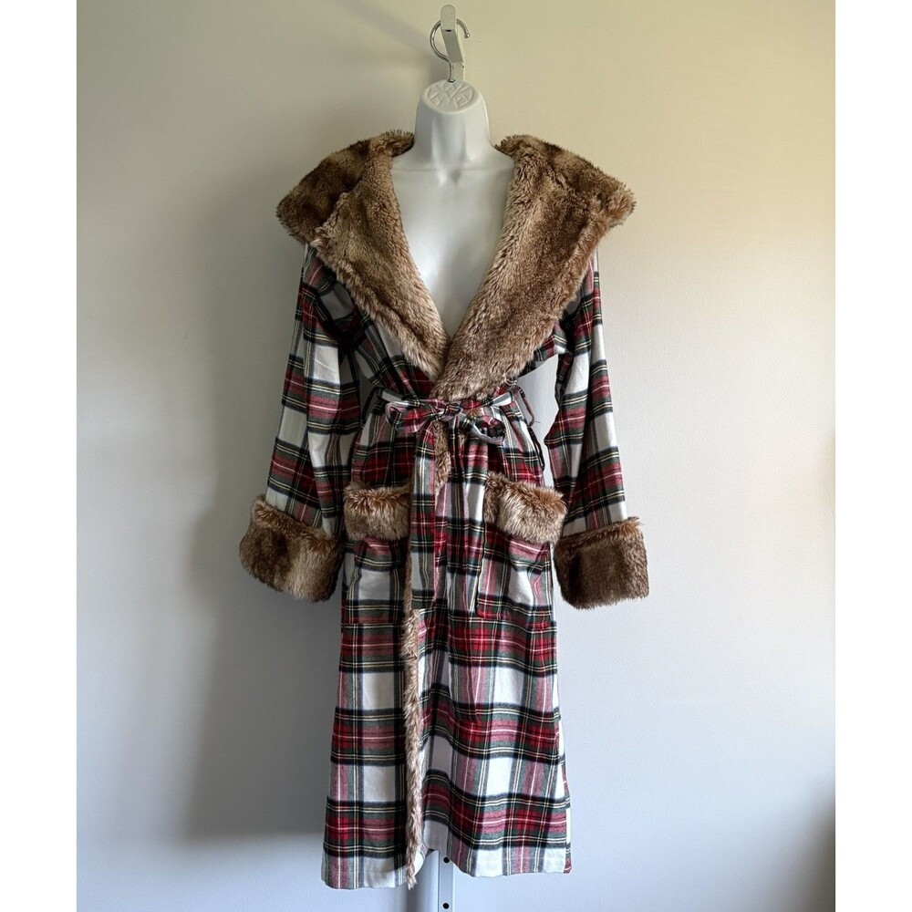 Pottery Barn Stewart Plaid Flannel Robe Pockets Faux Fur Hooded Women's Medium